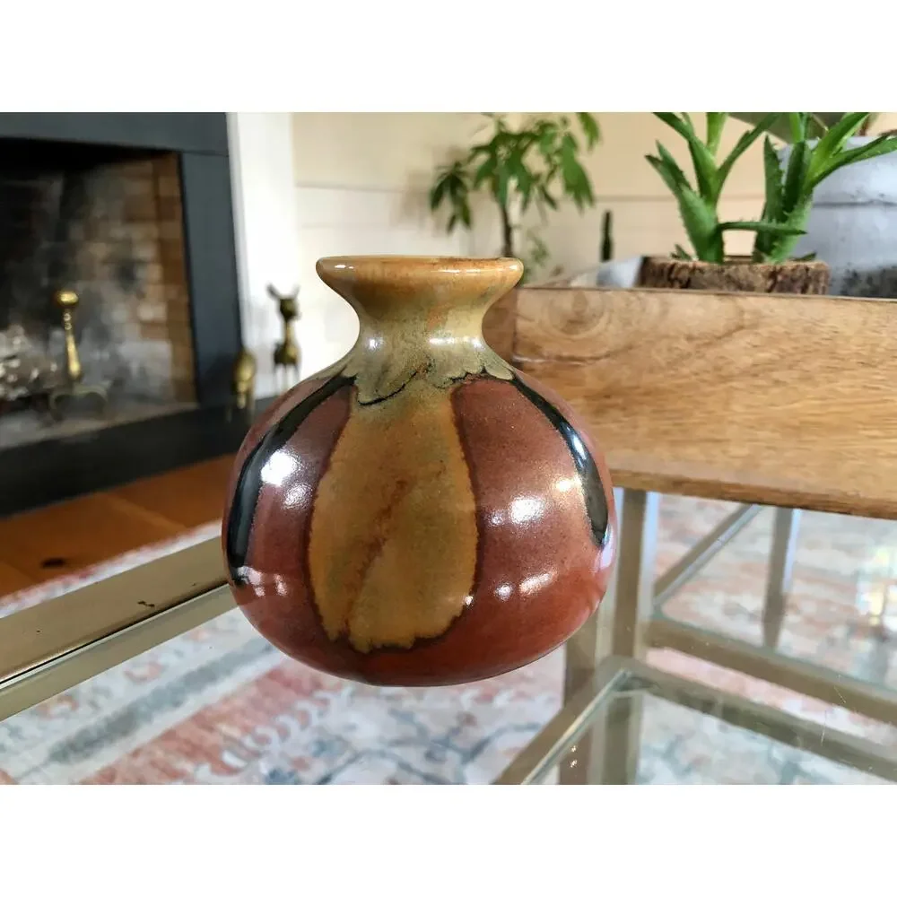Vintage Handmade Ceramic Bud Vase Brown Beige Drip Glaze Studio Pottery